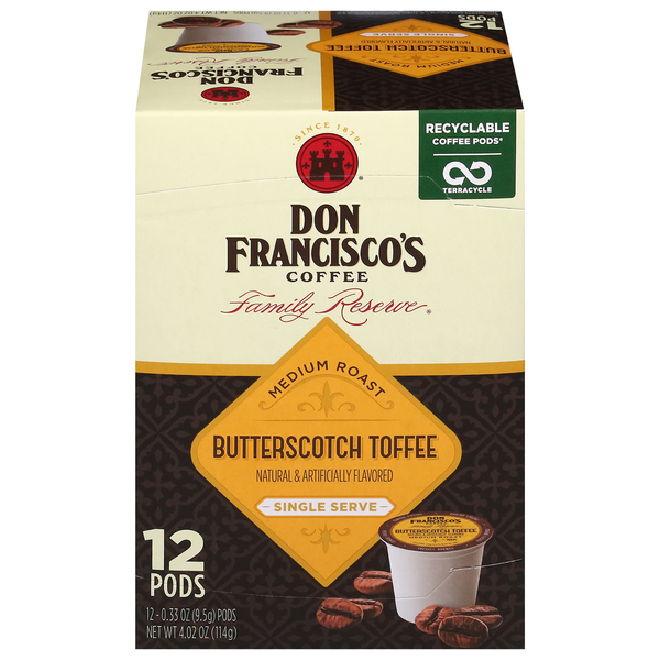 Don Francisco's Coffee, Medium Roast, Butterscotch Toffee, Pods hero