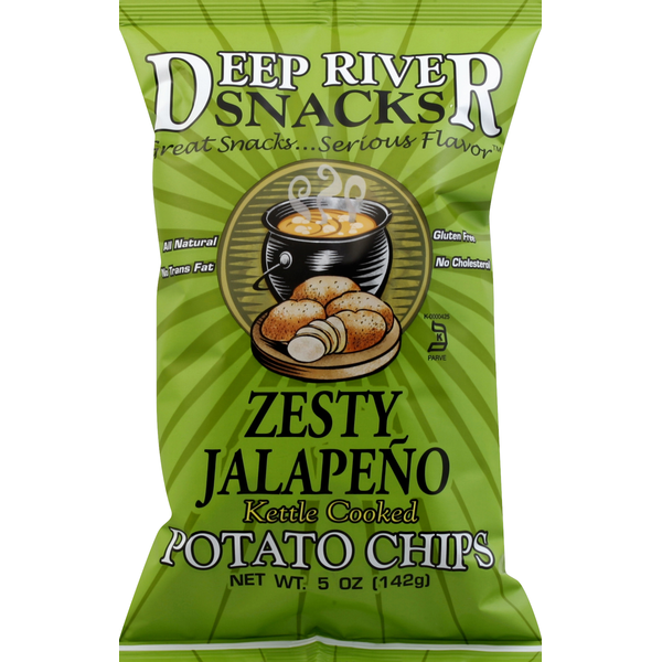 Chips & Pretzels Deep River Snacks Potato Chips, Kettle Cooked, Zesty Jalapeno hero