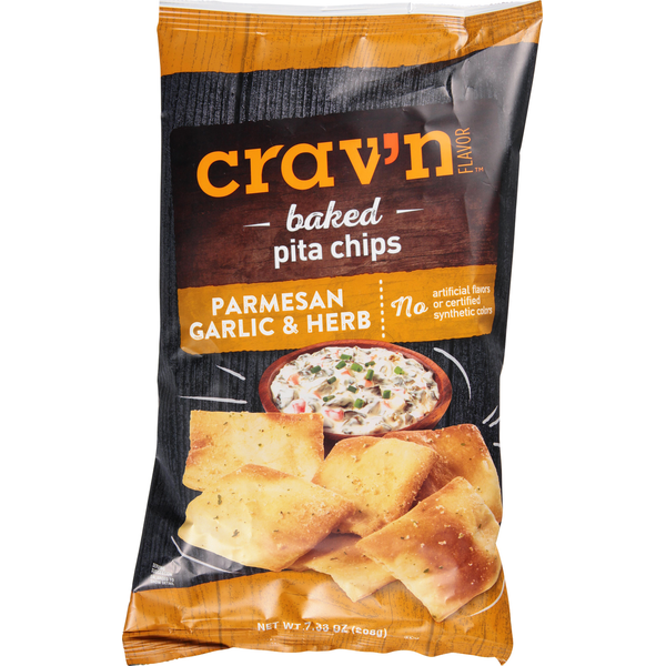 Chips & Pretzels Crav'n Flavor Pita Chips, Parmesan Garlic & Herb, Baked hero