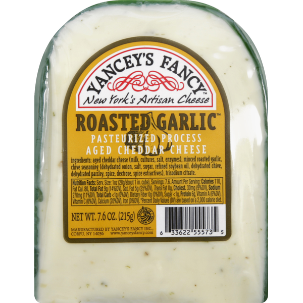 Specialty Cheeses Yancey's Fancy Cheese, Pasteurized Process, Aged Cheddar, Roasted Garlic hero