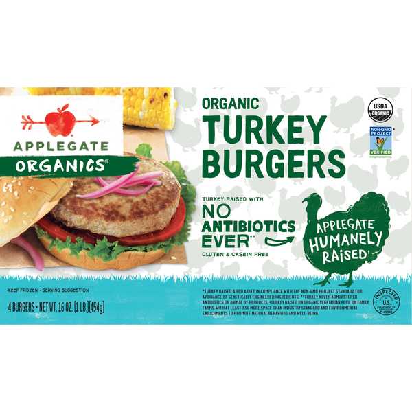 Frozen Meat & Seafood Applegate Organics Burgers, Organic, Turkey hero