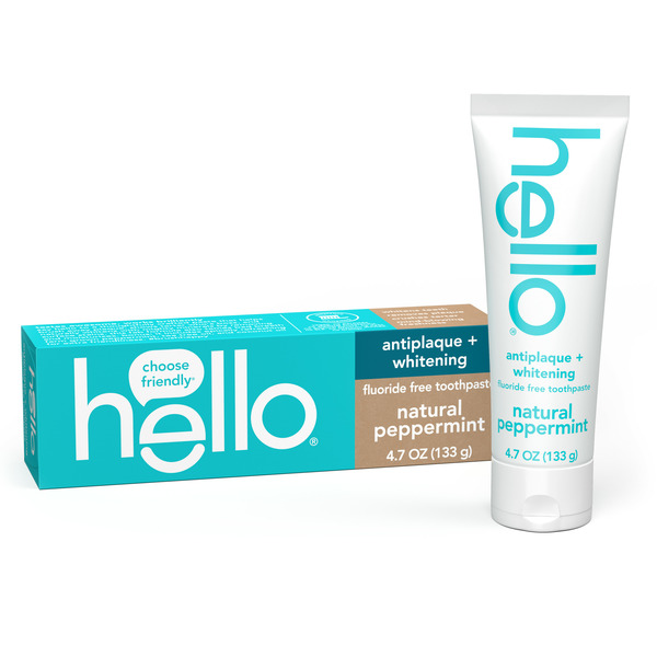 Oral Hygiene hello Flouride Free Toothpaste, Antiplaque + Whitening, Natural Peppermint, Tea Tree hero