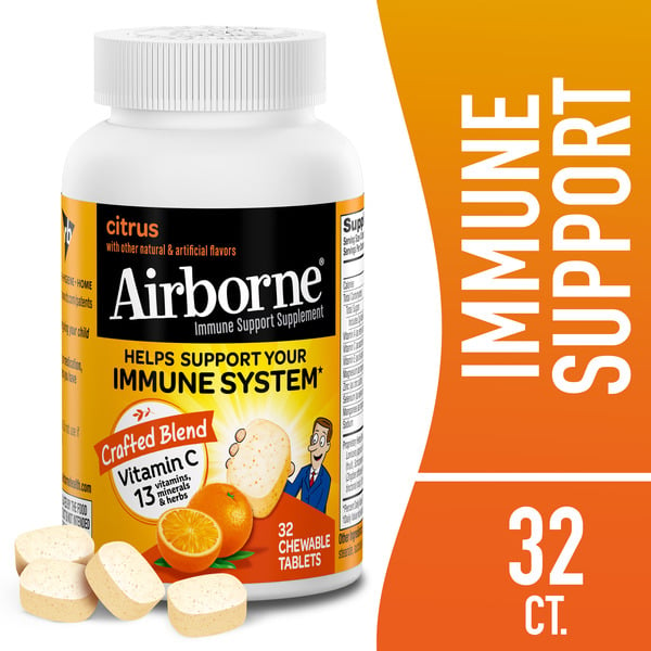 Cold, Flu & Allergy Airborne Vitamin C 1000mg - Citrus Chewable Tablets, Immune Support Supplement hero