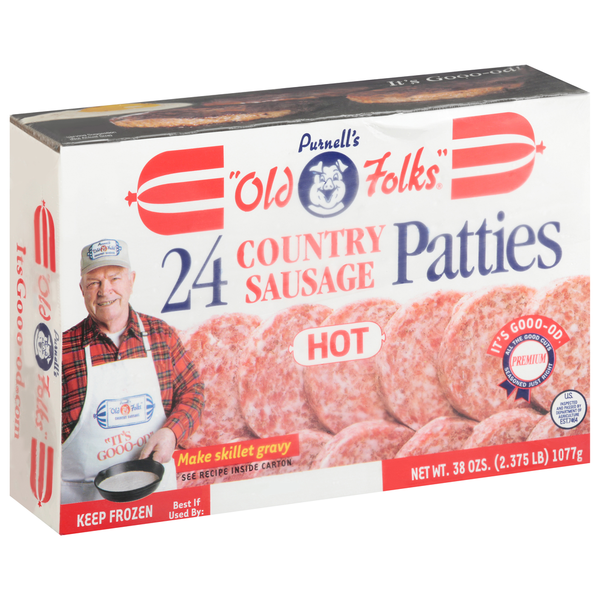 Hot Dogs, Bacon & Sausage Purnell's Old Folks Patties, Country Sausage, Hot hero