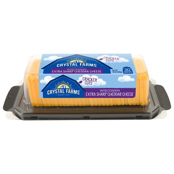 Crackers Crystal Farms Cheese Slices, Extra Sharp Cheddar, Wisconsin, Cracker Cuts hero