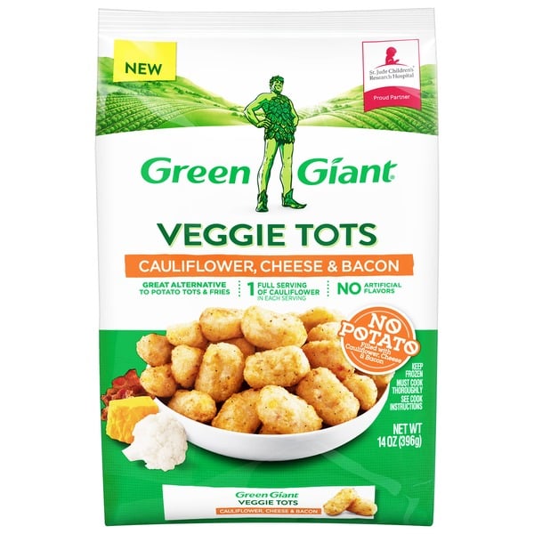 Frozen Vegan & Vegetarian Green Giant Veggie Tots, Cauliflower & Cheese with Bacon hero