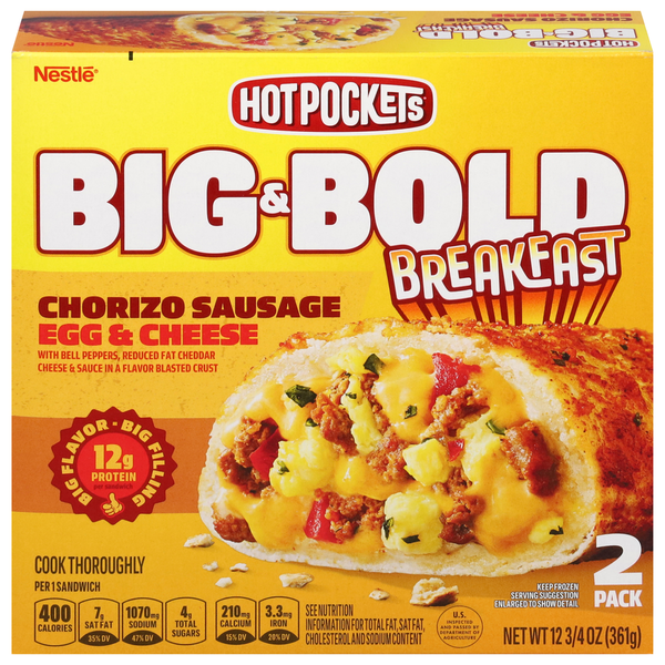 Frozen Appetizers & Sides Hot Pockets Sandwiches, Flavor Blasted Crust, Chorizo Sausage, Egg & Cheese, 2 Pack hero