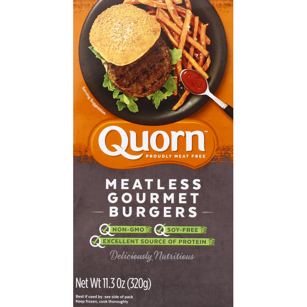 Frozen Vegan & Vegetarian Quorn Burgers, Gourmet, Meatless hero