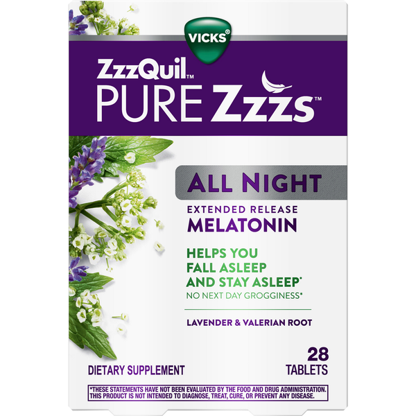 Stress & Sleep Aids Vicks Melatonin, Extended Release, All Night, Lavender & Valerian Root, Tablets hero