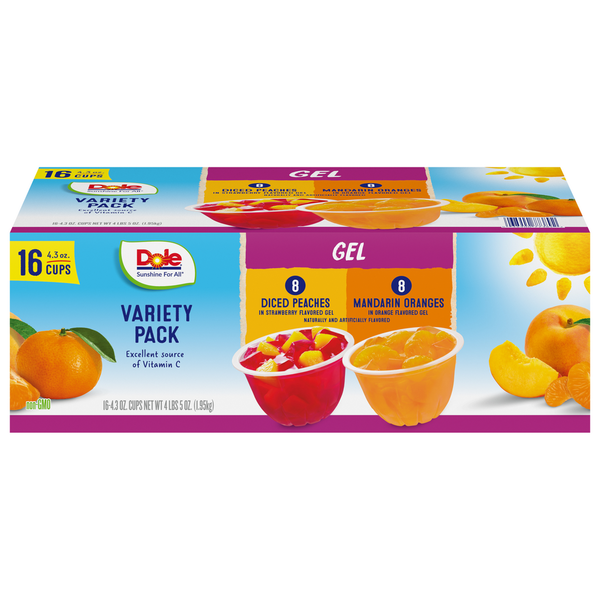 Canned Fruit & Applesauce Dole Fruit in Gel Cups Variety Pack, Peaches in Strawberry Gel/Mandarins in Orange Gel Fruit Cups hero