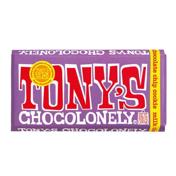 Tony's Chocolonely milk chocolate with chocolate chip cookie hero