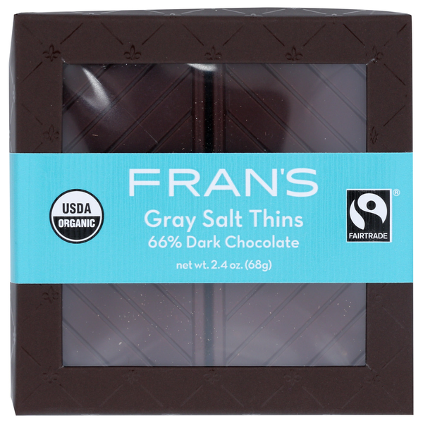 Candy & Chocolate Fran's Chocolates Dark Chocolate Thins Grey Salt 16 Pc hero