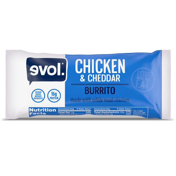 Frozen Meals Evol Chicken and Cheddar Burrito, Frozen Meal hero