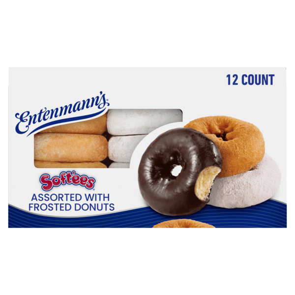 Breakfast Bakery Entenmann's Soft'ees, 12 count, Plain, Powdered Sugar, Chocolate Frosted Donuts hero