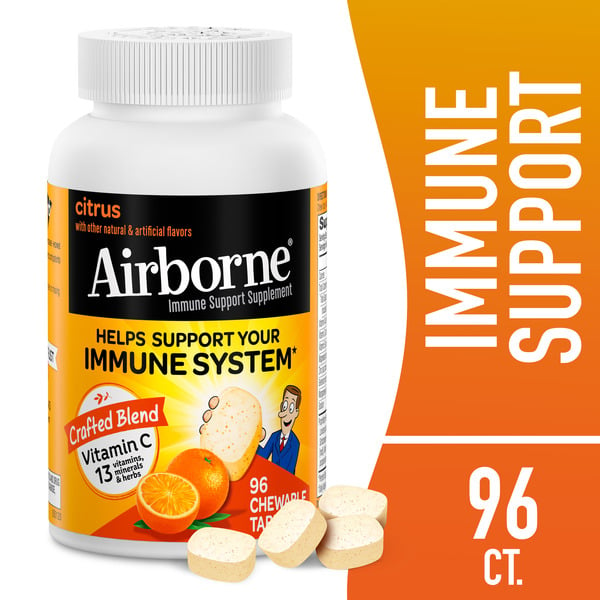 Cold, Flu & Allergy Airborne Citrus Chewable Tablets - 1000mg of Vitamin C - Immune Support Supplement hero