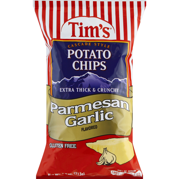 Chips & Pretzels Tim's  Potato Chips, Cascade Style, Extra Thick & Crunchy, Parmesan Garlic hero