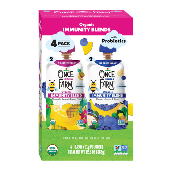 Yogurt Once Upon a Farm Immunity Blend Pineapple, Banana & Dragon Fruit/Blueberry, Banana, & Ginger hero