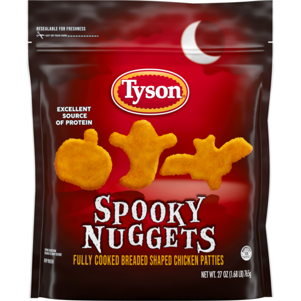 Tyson Fully Cooked Spooky Nuggets Breaded Shaped Chicken Patties, 27 oz Bag hero