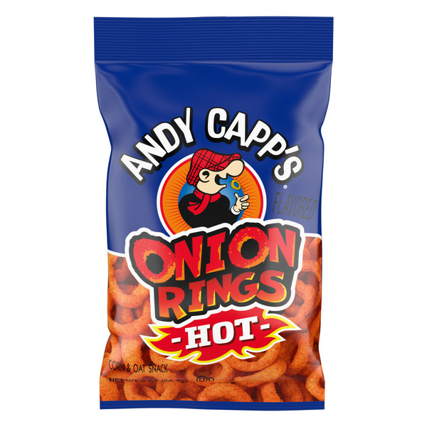 Andy Capp's Beer Battered Flavored Onion Flavored Rings Baked Oat and Corn Snacks, Hot hero