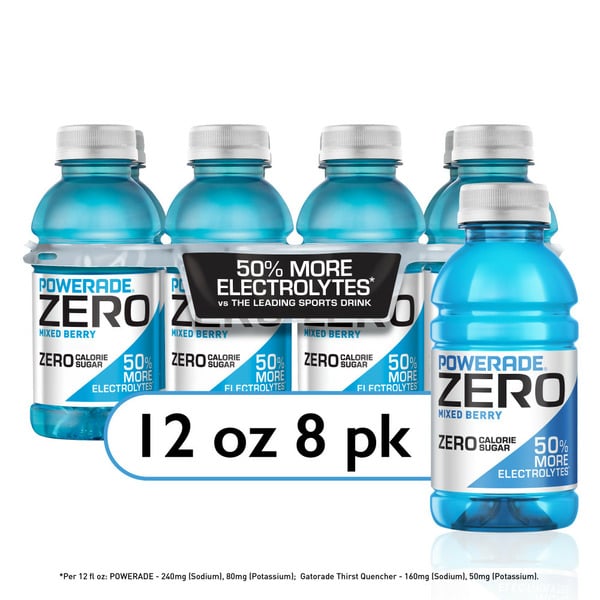 Energy & Sports Drinks POWERADE Electrolyte Enhanced Zero Sugar Mixed Berry Sports Drink, 8 Count Bottles hero