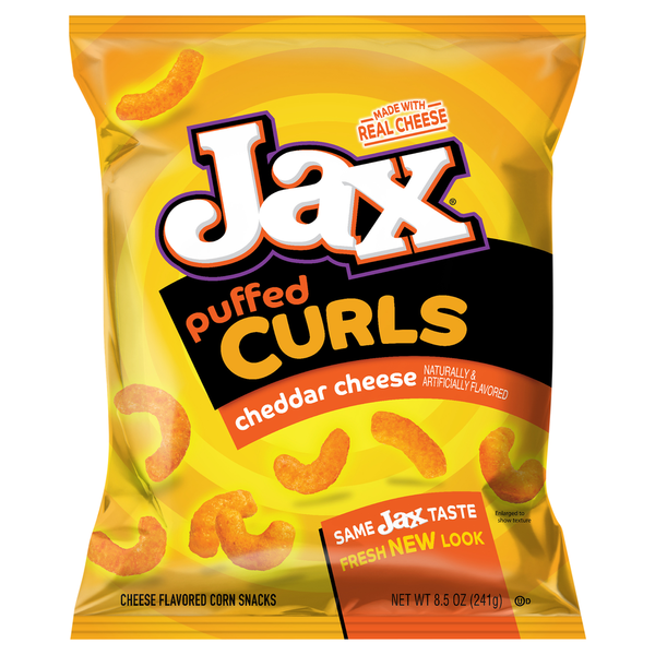 Chips & Pretzels Jax Flavored Corn Snacks, Cheddar Cheese, Puffed Curls hero