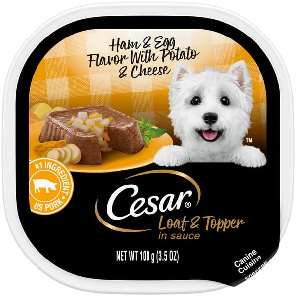 Dog Food Cesar Loaf & Topper in Sauce Soft Wet Dog Food Ham & Egg hero