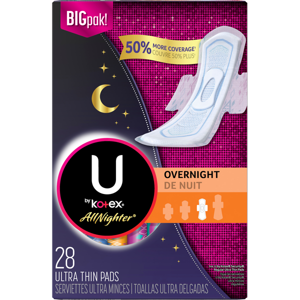 Feminine Care U by Kotex Pads, Ultra Thin, Overnight, Big Pak hero