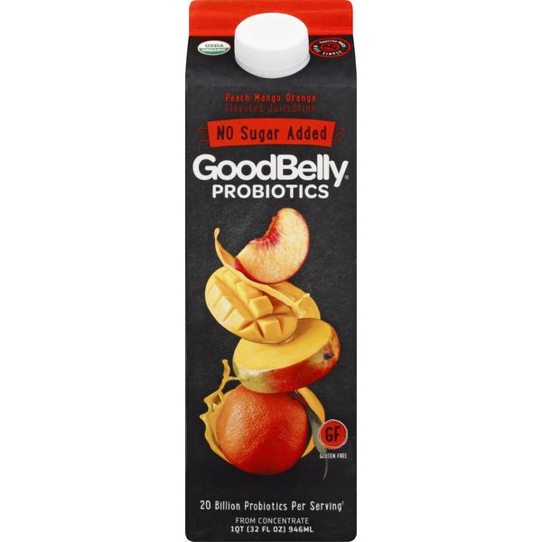 Refrigerated GoodBelly Juice Drink, No Sugar Added, Peach Mango Orange hero