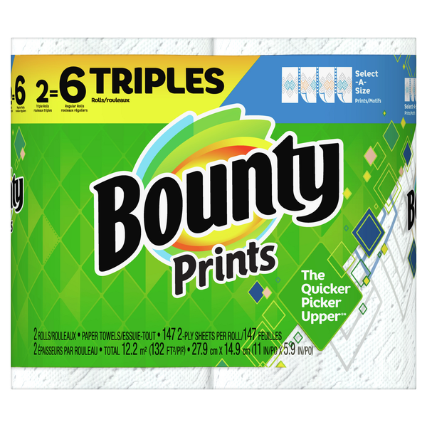 Bounty Select-A-Size Paper Towels, Print, 2 Triple Rolls = 6 Regular Rolls hero