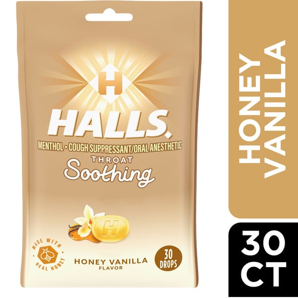 Cold, Flu & Allergy Halls Soothe Honey Vanilla Cough Suppressant/Oral Anesthetic Menthol Drops hero