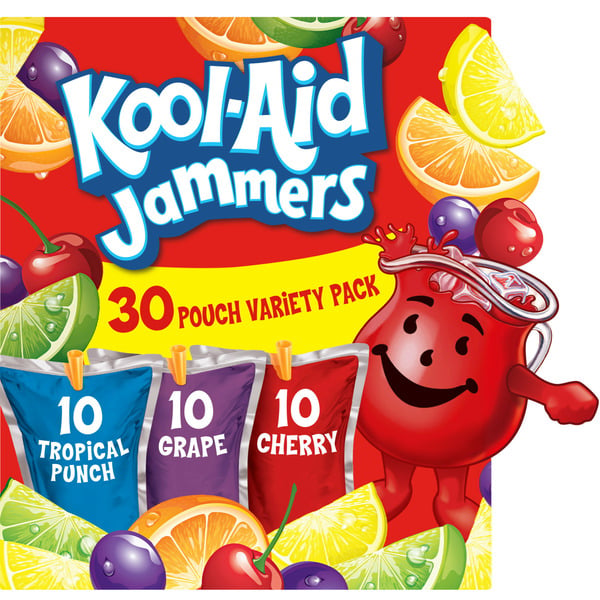 Multipack & Aseptic Juice Kool-Aid Jammers Tropical Punch, Grape & Cherry Flavored Kids 0% Juice Drink Pouches hero