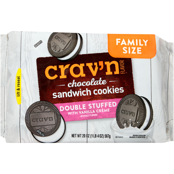 Cookies & Cakes Crav'n Flavor Vanilla Creme Double Stuffed Chocolate Sandwich Cookies hero