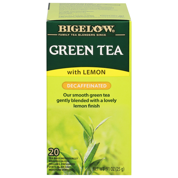 Tea (Loose, Bags and Pods) Bigelow Green Tea, with Lemon, Decaffeinated, Tea Bags hero