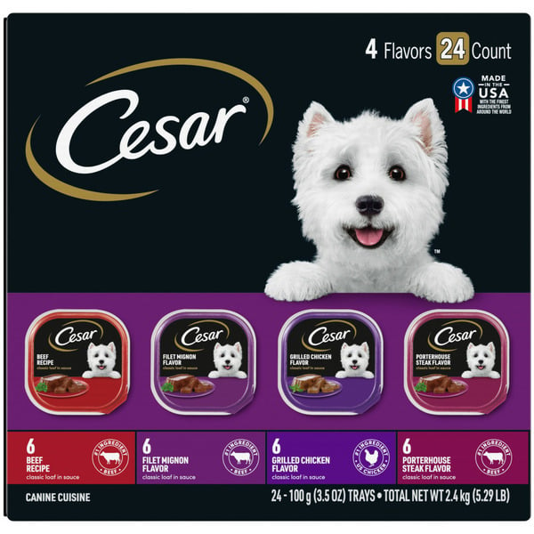 Dog Food Cesar Canine Cuisine, 4 Flavors, Classic Loaf in Sauce hero