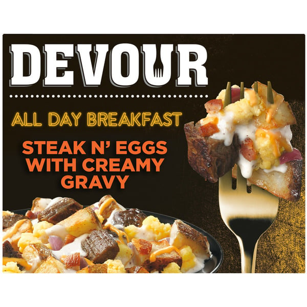 Frozen Meals DEVOUR Steak N' Eggs with Bacon, Potatoes, Cheddar Cheese & Creamy Gravy Frozen Meal hero