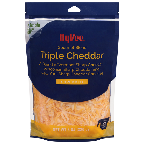 Packaged Cheese Hy-Vee Cheese, Triple Cheddar, Gourmet Blend, Shredded hero