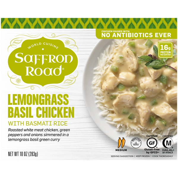 Frozen Meals Saffron Road Lemongrass Basil Chicken, Gluten-Free, Asian Meal, Frozen Dinner hero