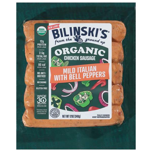 Hot Dogs, Bacon & Sausage Bilinski's Chicken Sausage, Organic, Mild Italian with Bell Peppers hero