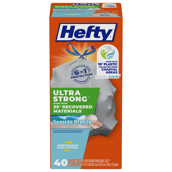 Hefty Drawstring Bags, Seaside Breeze, Tall Kitchen, 13 Gallon hero