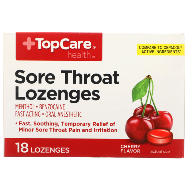 Cold, Flu & Allergy TopCare Sore Throat Menthol, Benzocaine Fast Acting Oral Anesthetic Lozenges, Cherry hero