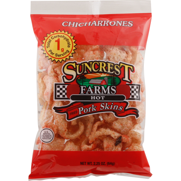 Chips & Pretzels Suncrest Farms Pork Skins, Fried, Hot, Chicharrones hero