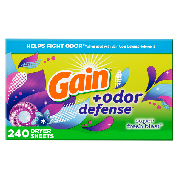 Laundry Gain + Odor Defense Dryer Sheets, Super Fresh Blast Scent hero