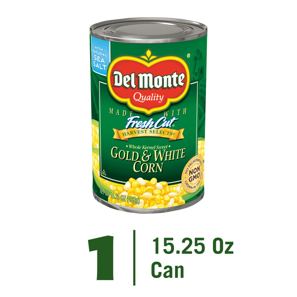 Canned & Jarred Vegetables Del Monte Corn, Gold & White, Whole Kernel Sweet, Harvest Selects hero