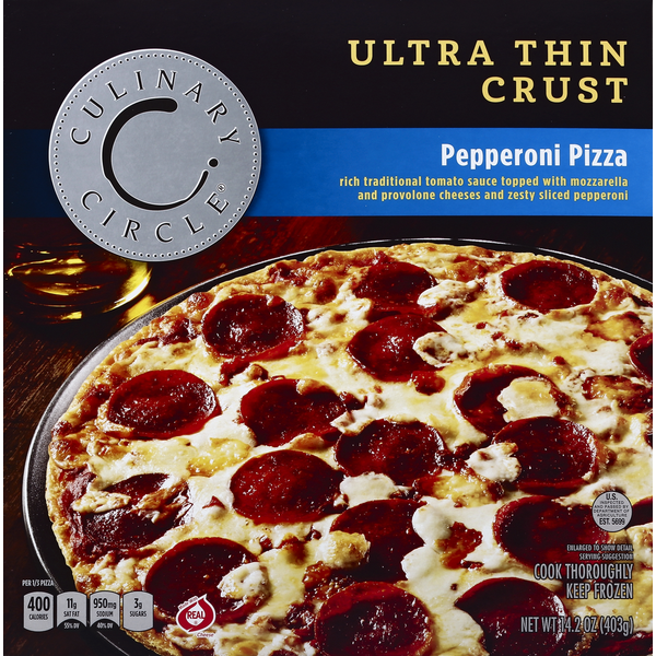 Frozen Pizza Culinary Circle Pizza, Ultra Thin Crust, Pepperoni hero