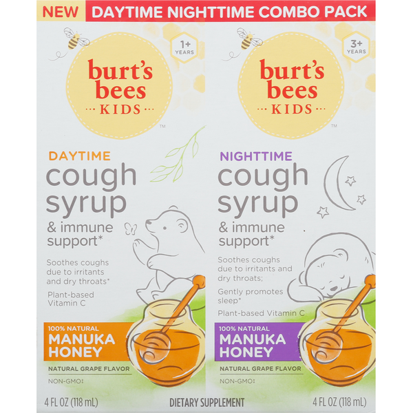 Cold, Flu & Allergy Burt's Bees Kids Cough Syrup, Manuka Honey, Daytime/Nighttime, Combo Pack hero