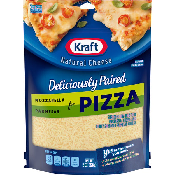 Packaged Cheese Kraft Deliciously Paired Mozzarella & Parmesan Shredded Cheese for Pizza, oz Bag hero