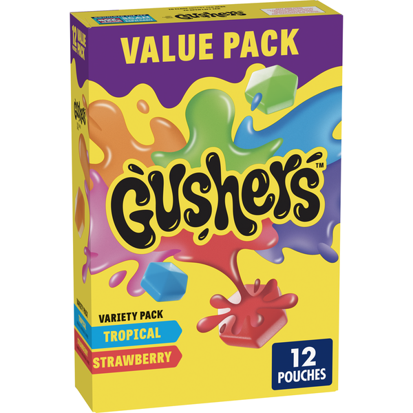 Fruit & Vegetable Snacks Gushers Strawberry and Tropical Fruit Flavored Snacks Variety Pack hero