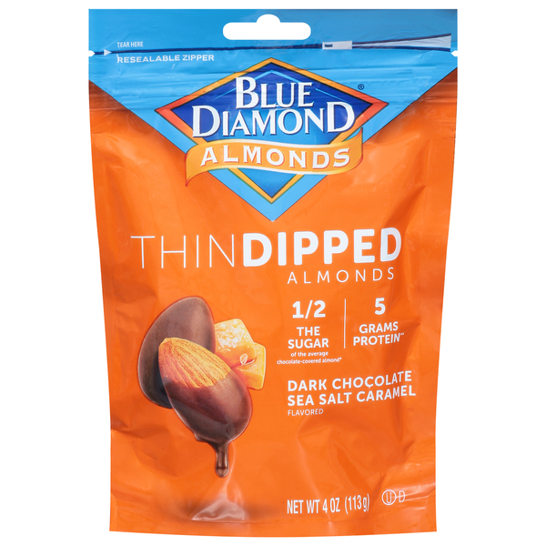 Blue Diamond Almonds, Dark Chocolate Sea Salt Caramel Flavored, Thin Dipped hero