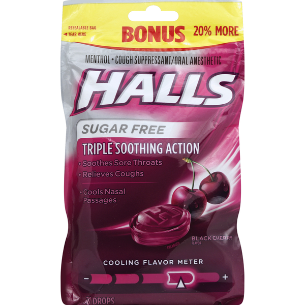 Cold, Flu & Allergy Halls Cough Suppressant/Oral Anesthetic, Menthol, Sugar Free, Black Cherry Flavor, Bonus hero