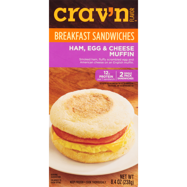 Frozen Breakfast Crav'n Flavor Breakfast Sandwiches, Muffin, Ham, Egg & Cheese hero